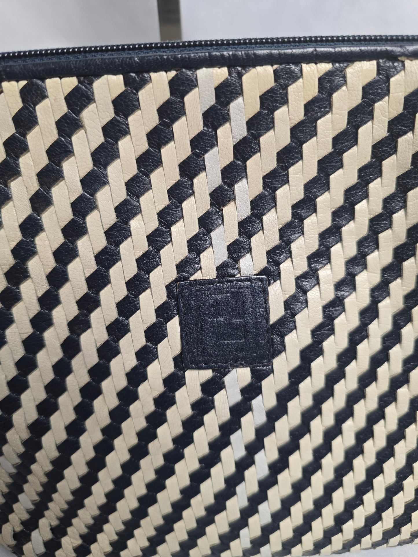 Fendi Vintage Woven Leather Crossbody in Navy/White