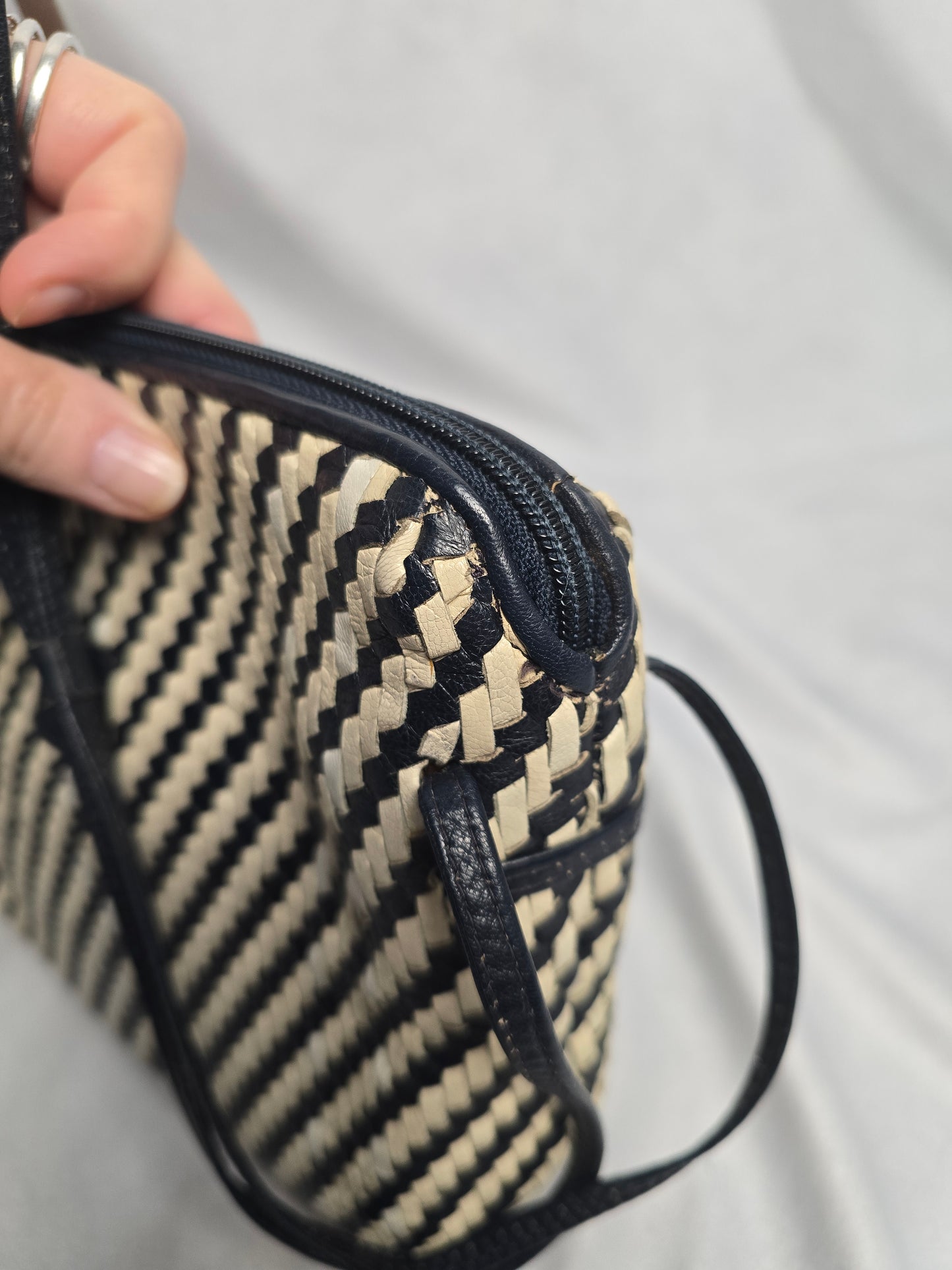 Fendi Vintage Woven Leather Crossbody in Navy/White