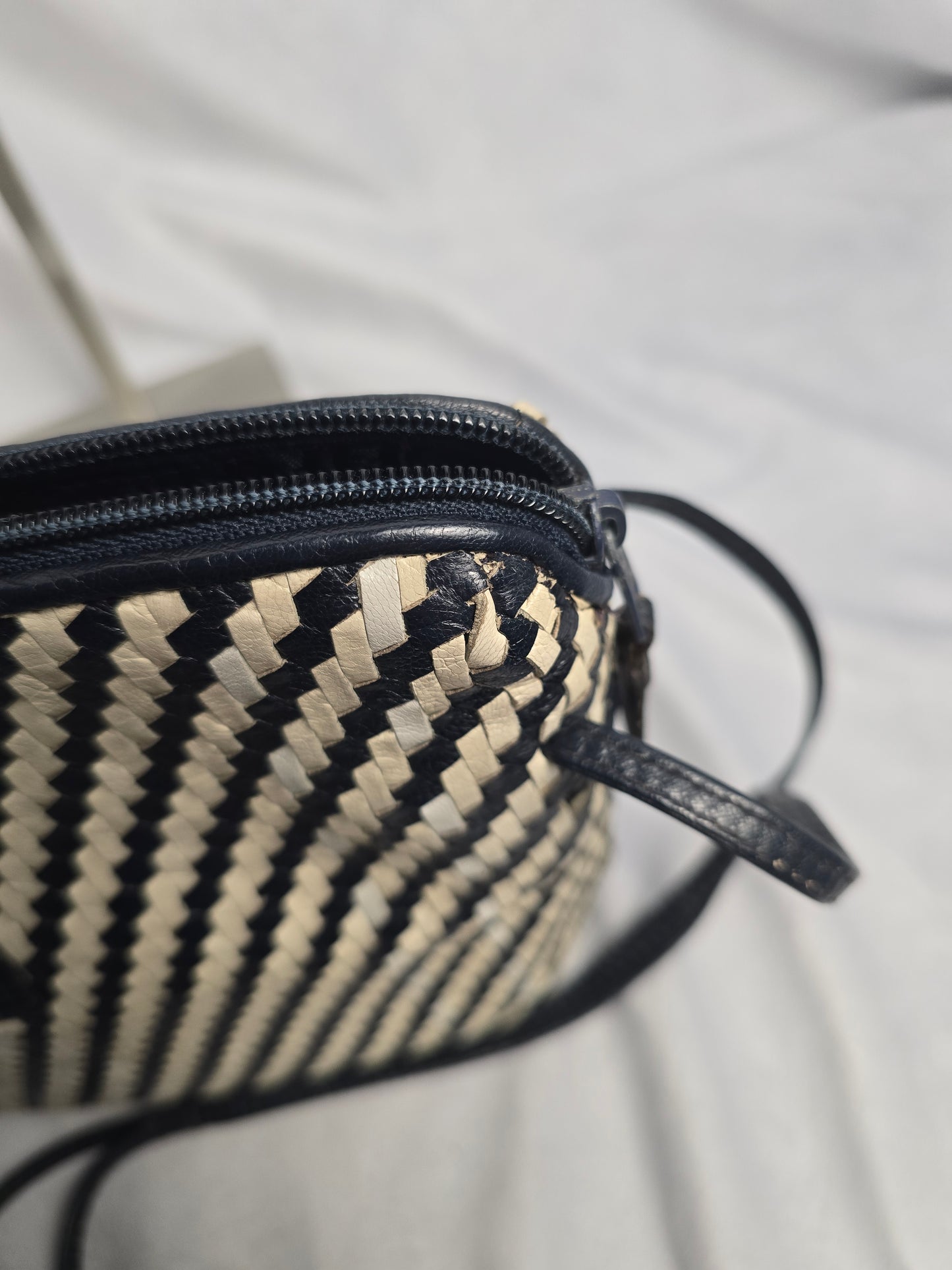 Fendi Vintage Woven Leather Crossbody in Navy/White