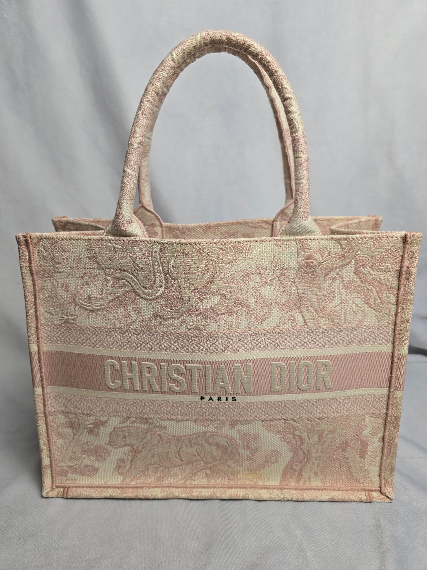 Christian Dior Canvas Toile Du Jouy Embroidered Medium Tote in Pink