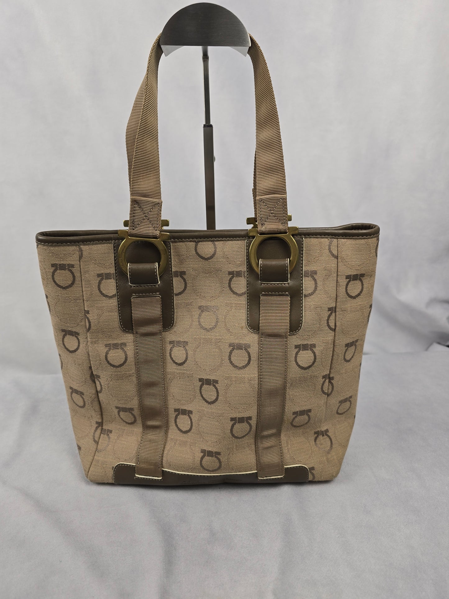 Ferragamo Gancini Leather and Canvas Tote