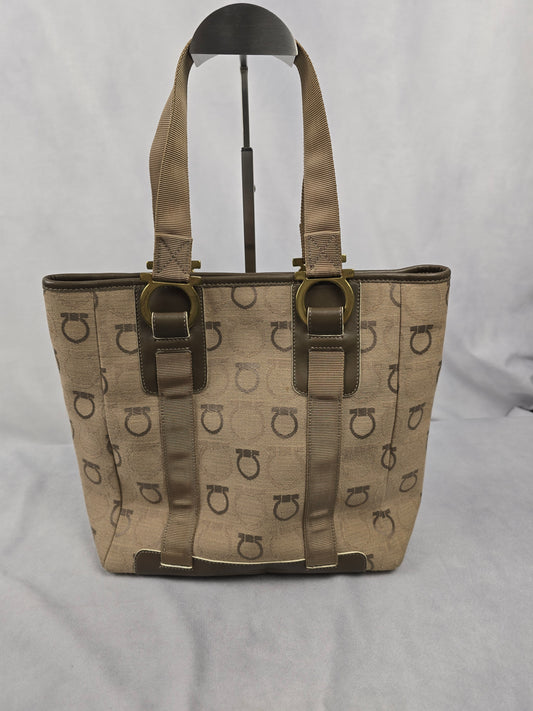Ferragamo Gancini Leather and Canvas Tote