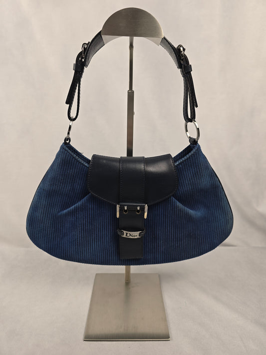 Christian Dior Blue Corduroy and Leather Shoulder Bag