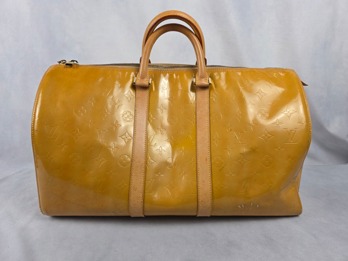 LOUIS VUITTON VINTAGE YELLOW VERNIS MONOGRAM KEEPALL 50