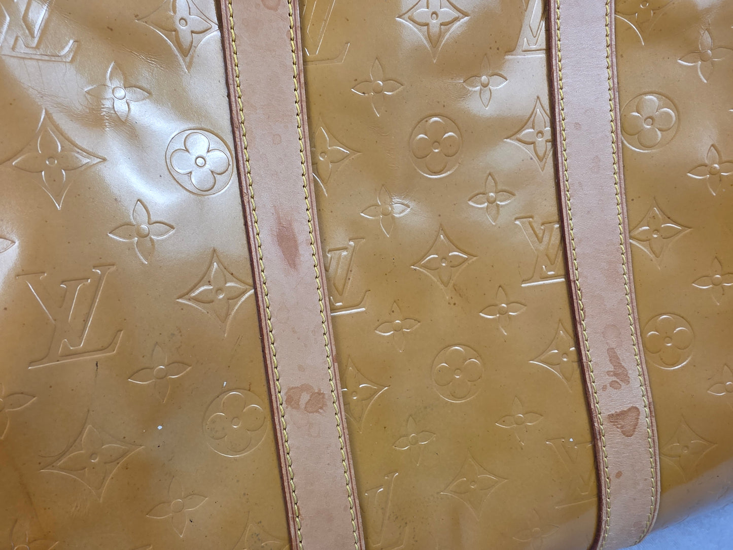 LOUIS VUITTON VINTAGE YELLOW VERNIS MONOGRAM KEEPALL 50