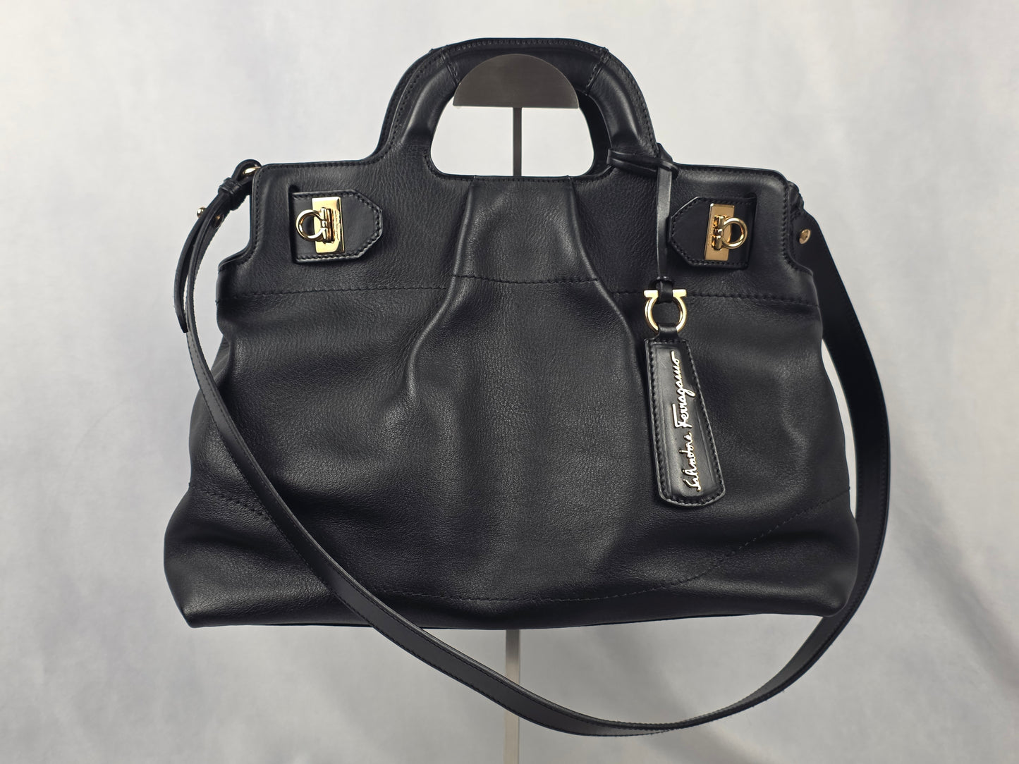 Salvatore Ferragamo Gancini Soft Black Leather Tote Bag + Strap