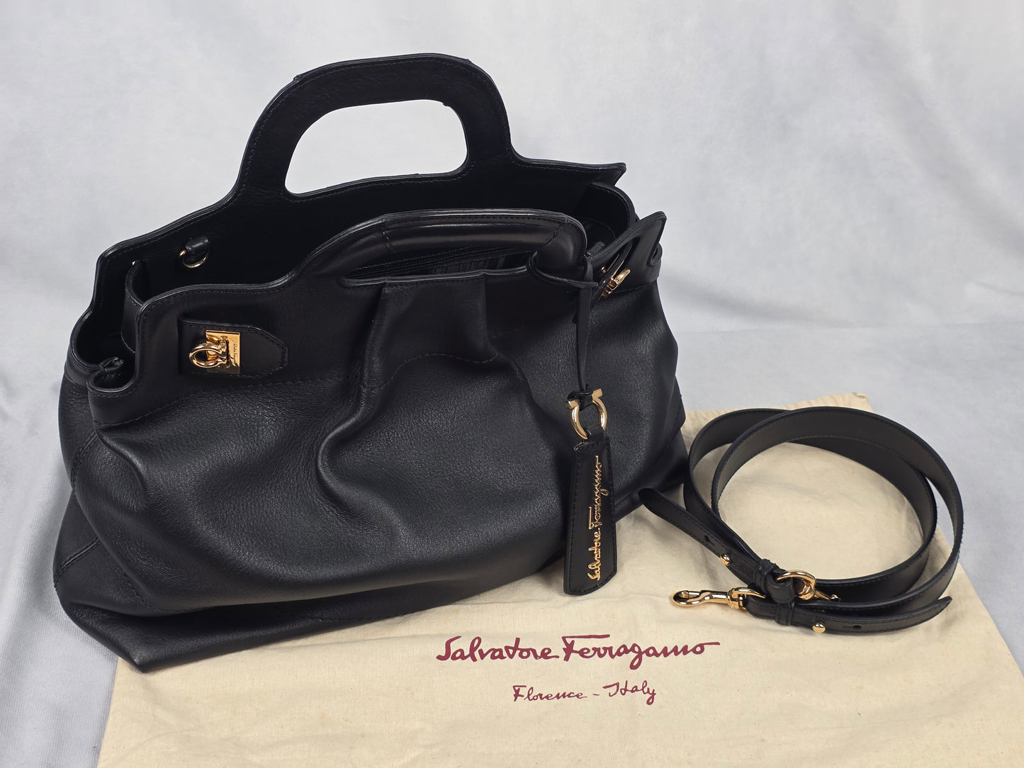 Salvatore Ferragamo Gancini Soft Black Leather Tote Bag + Strap