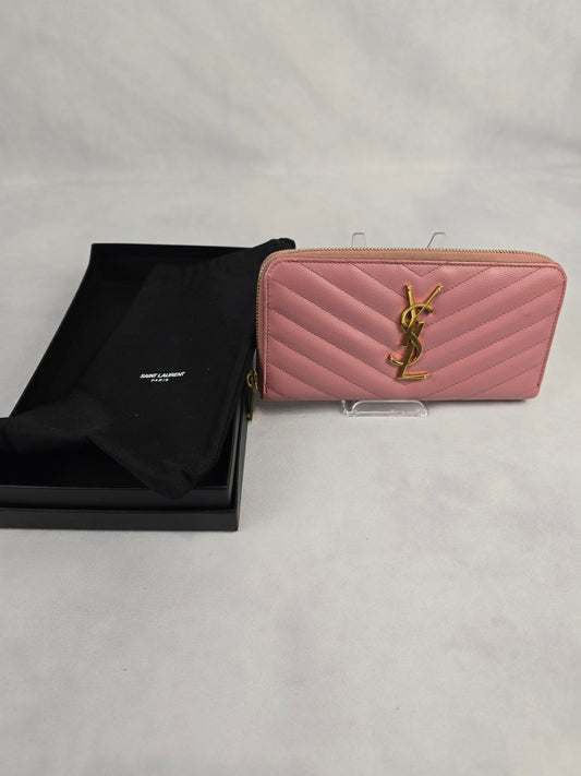 YSL Cassandre Matelasse Zip Around Wallet in Pink