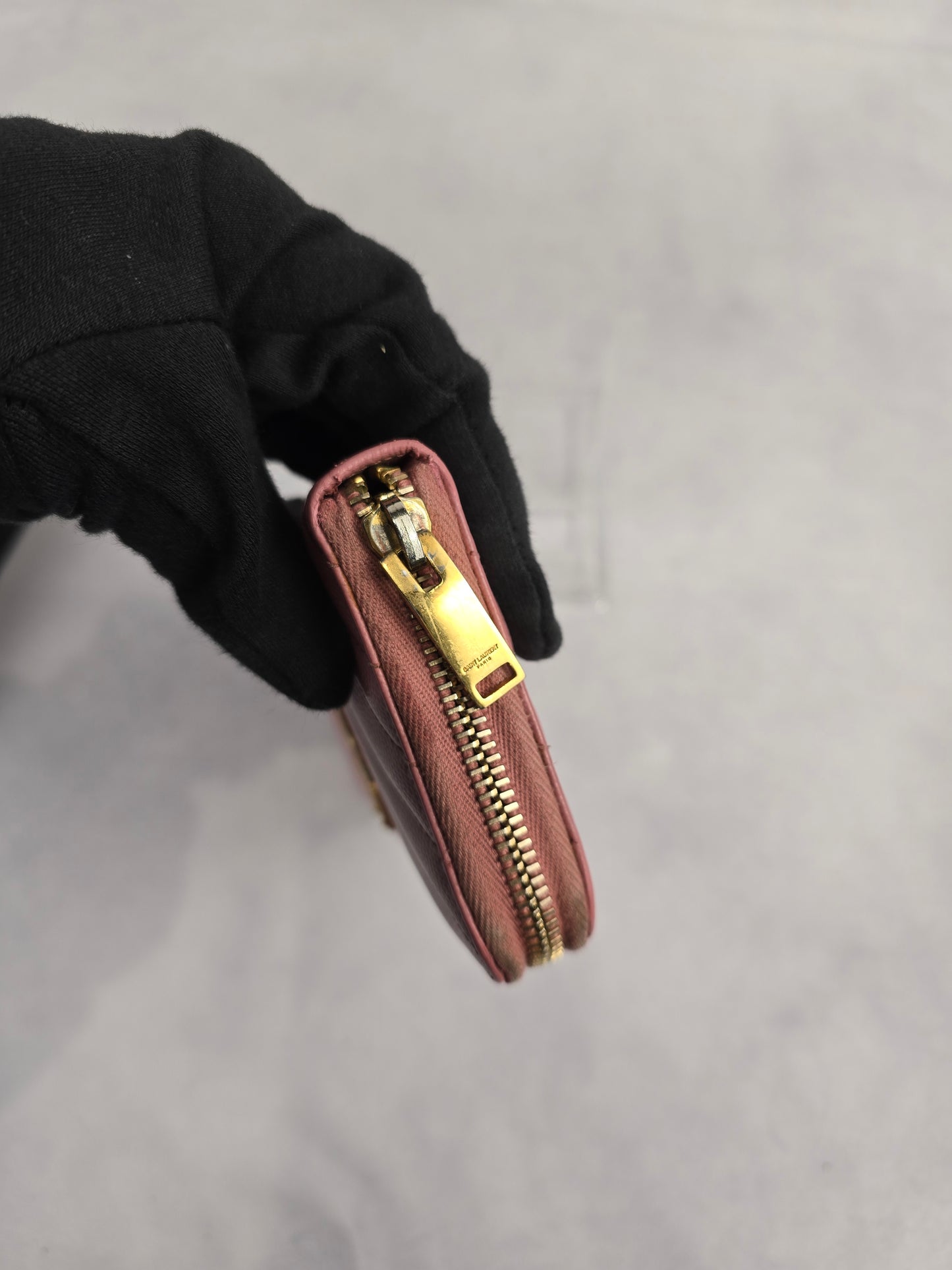 YSL Cassandre Matelasse Zip Around Wallet in Pink
