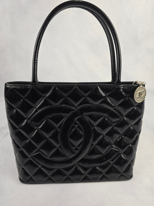 Chanel Medallion Tote in Black Quilted Patent