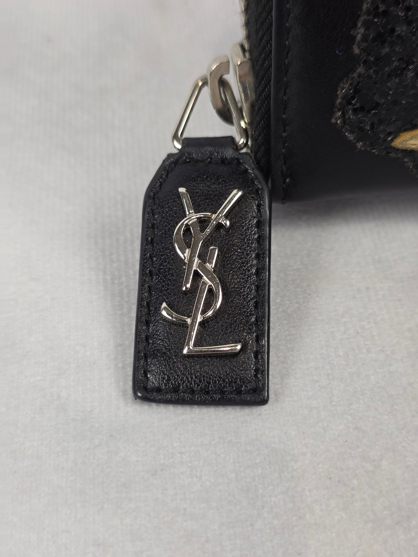Saint Laurent YSL Rive Gauche Love Patchwork Zip Long Wallet Black Leather