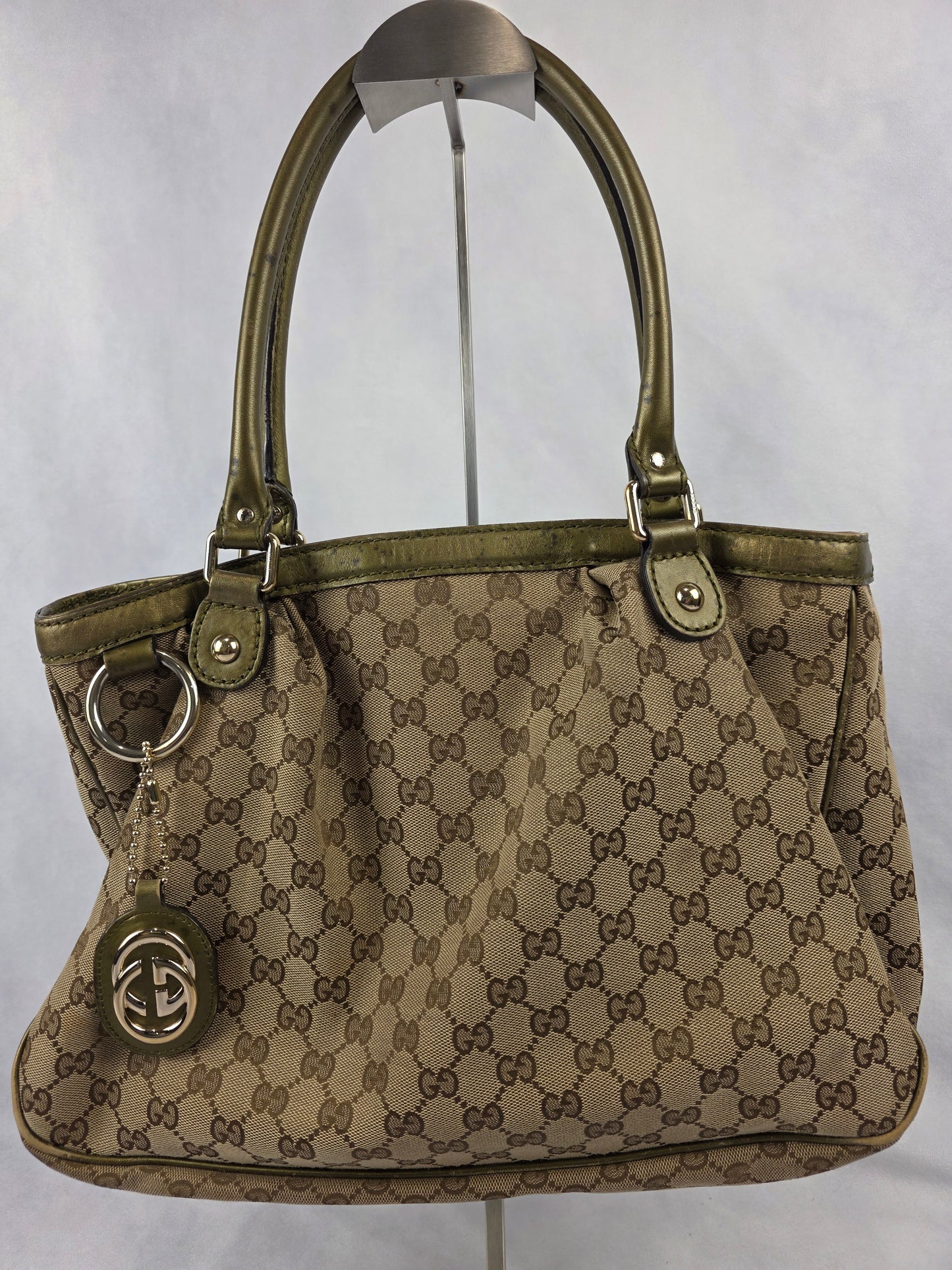 Gucci Medium Sukey Tote Bag with GG canvas & metallic green leather trim - PROJECT BAG