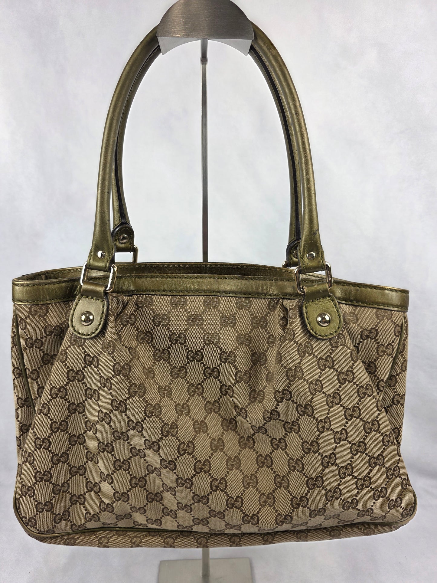 Gucci Medium Sukey Tote Bag with GG canvas & metallic green leather trim - PROJECT BAG