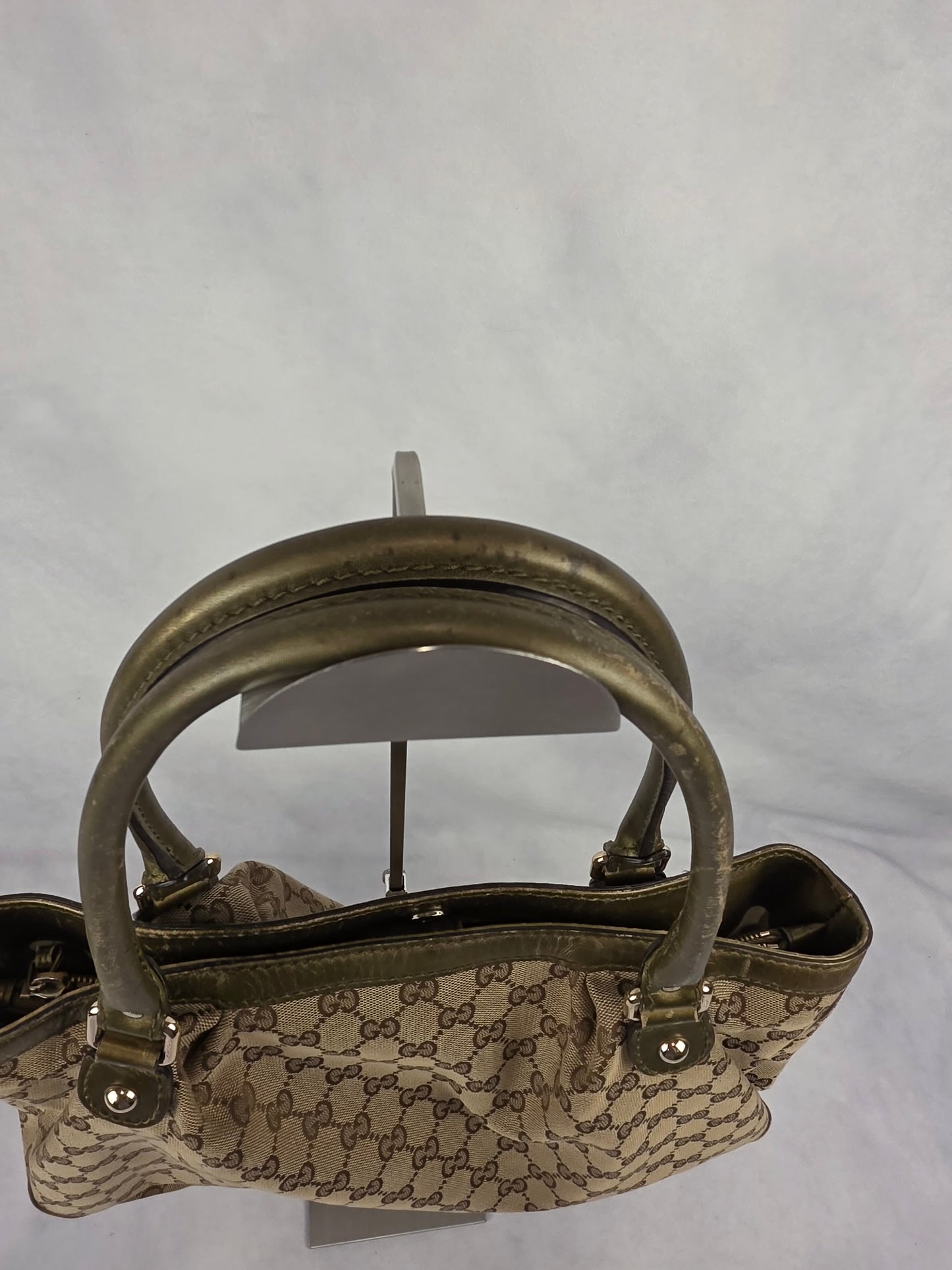 Gucci Medium Sukey Tote Bag with GG canvas & metallic green leather trim - PROJECT BAG