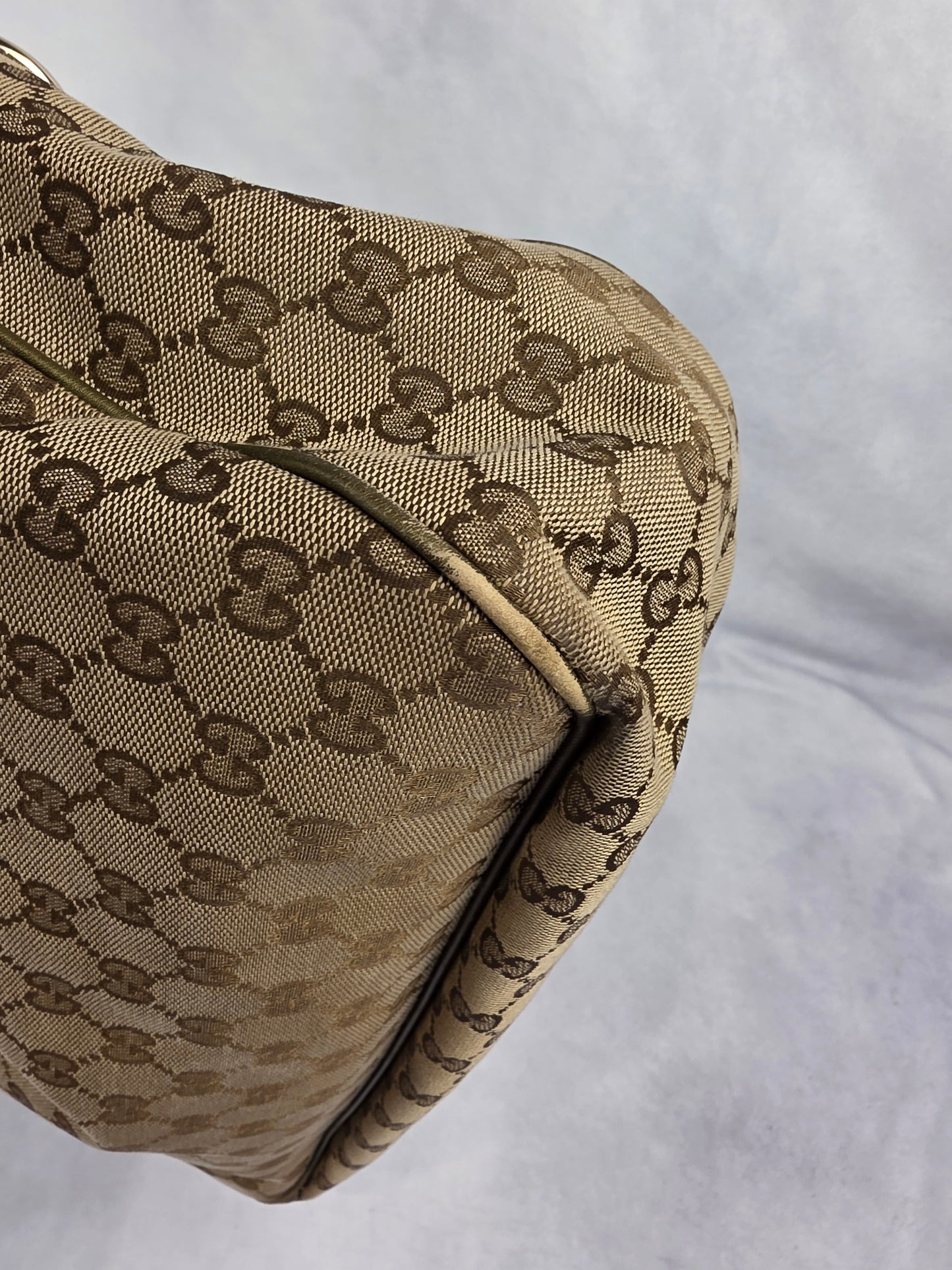 Gucci Medium Sukey Tote Bag with GG canvas & metallic green leather trim - PROJECT BAG