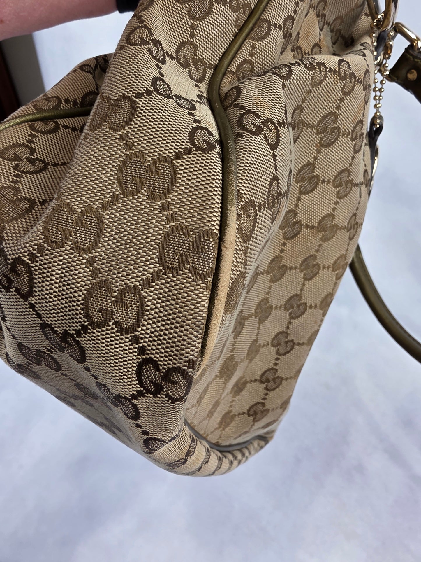Gucci Medium Sukey Tote Bag with GG canvas & metallic green leather trim - PROJECT BAG
