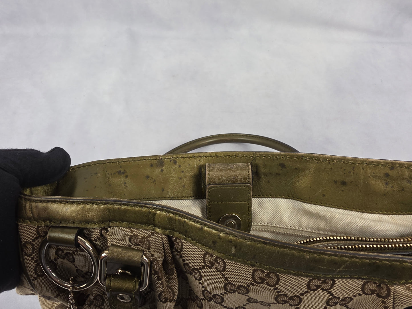 Gucci Medium Sukey Tote Bag with GG canvas & metallic green leather trim - PROJECT BAG