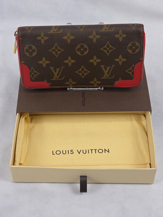 Louis Vuitton Brown Monogram Zippy Retiro Wallet – Red Leather Accents