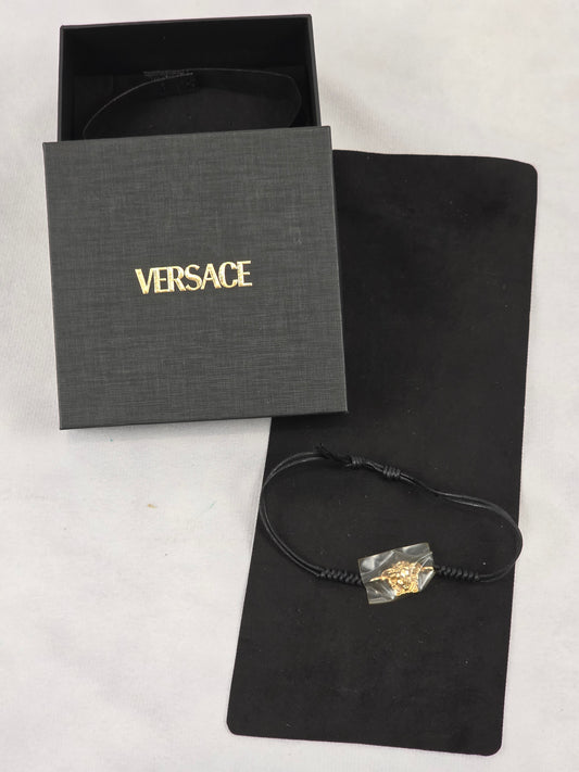 Versace Medusa Black Leather Cord Adjustable Charm Bracelet