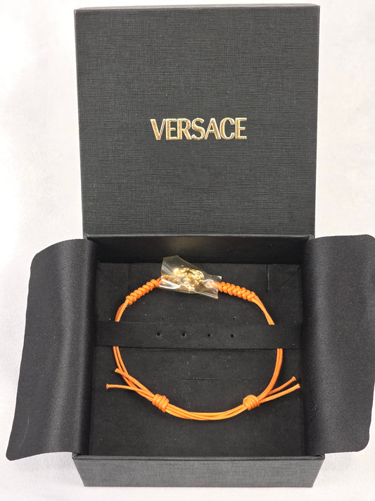 Versace Medusa Orange Leather Cord Adjustable Charm Bracelet