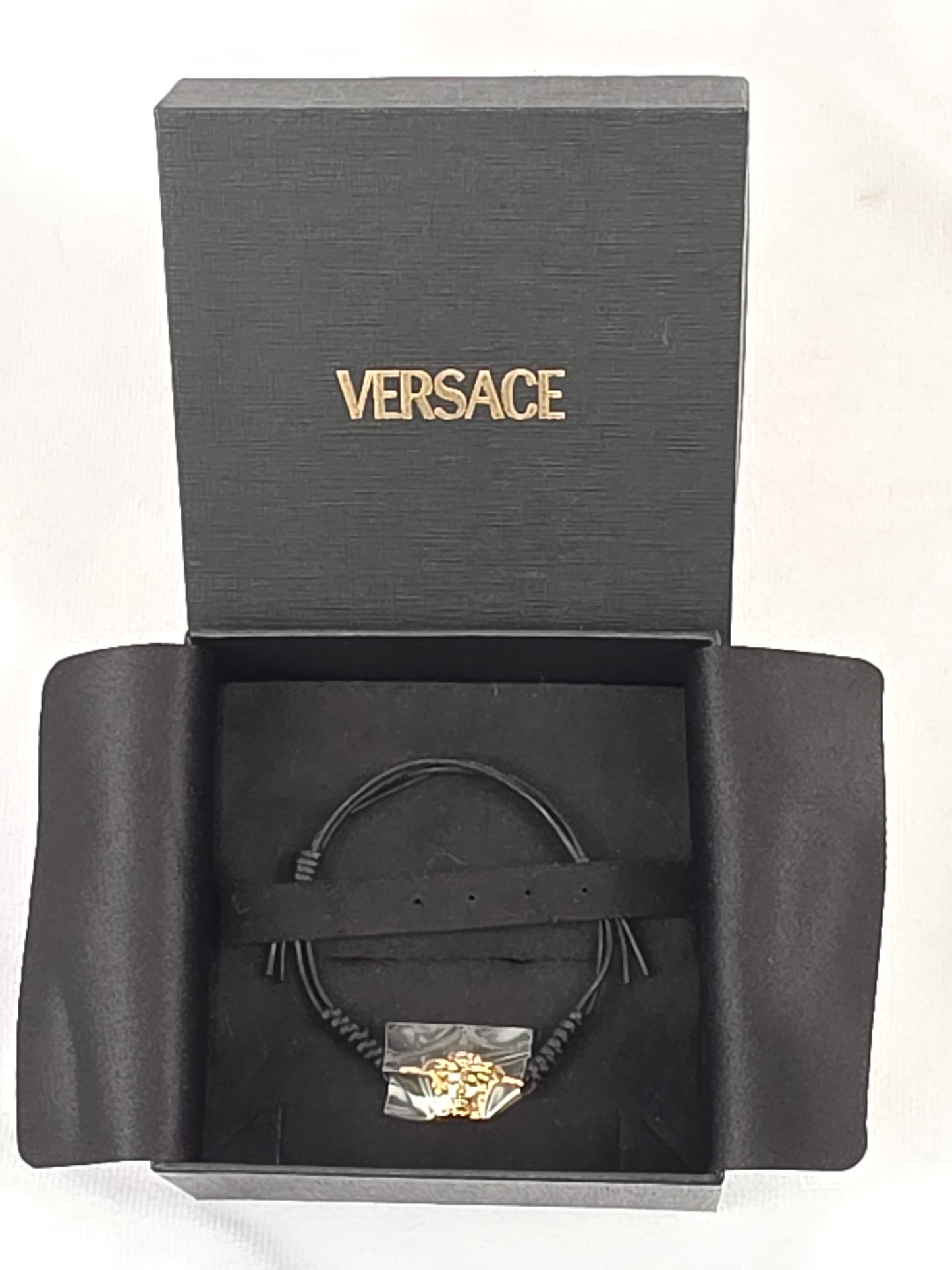 Versace Medusa Black Leather Cord Adjustable Charm Bracelet