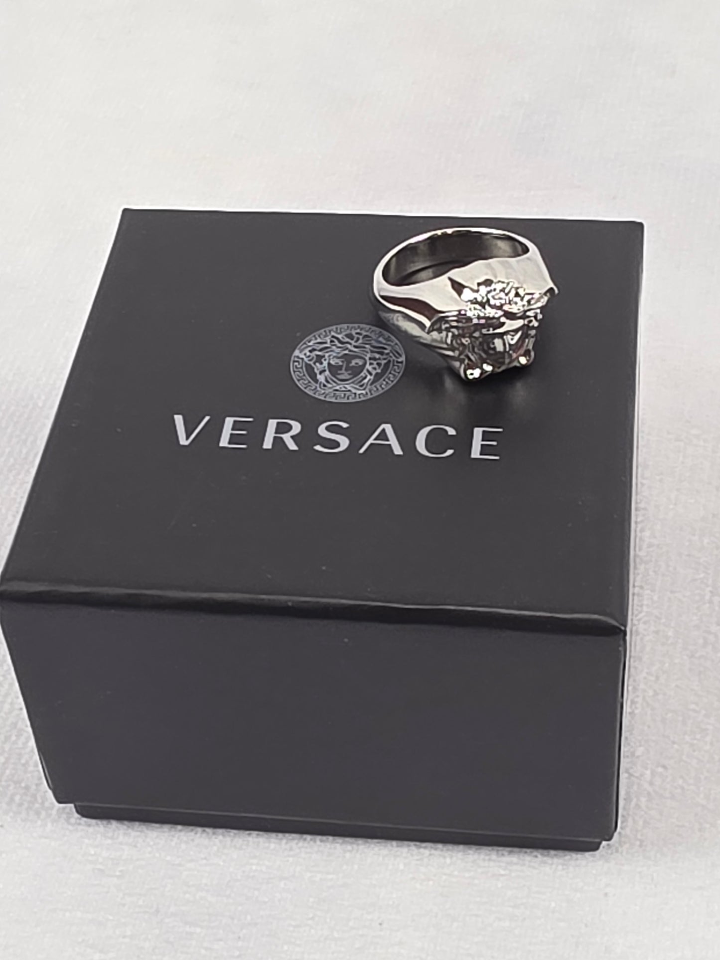 Versace Silver-Tone 3D Medusa Statement Ring, Size 5 1/2