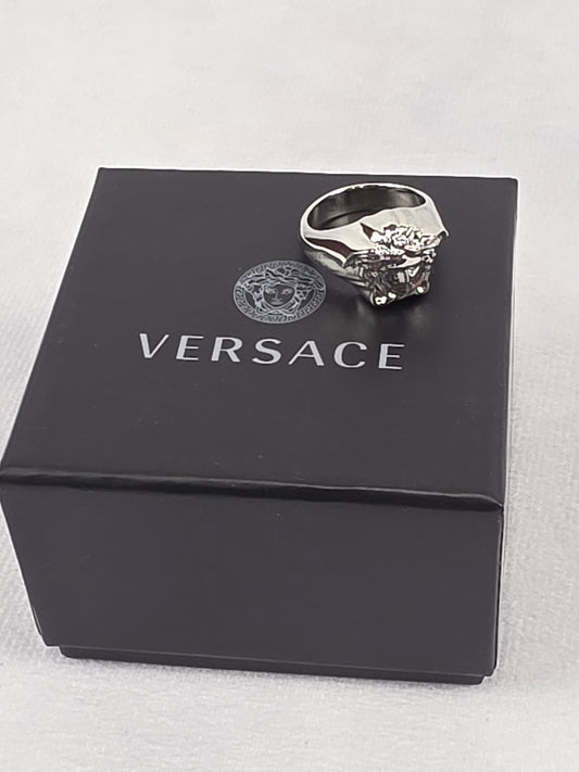 Versace Silver-Tone 3D Medusa Statement Ring, Size 5 1/2
