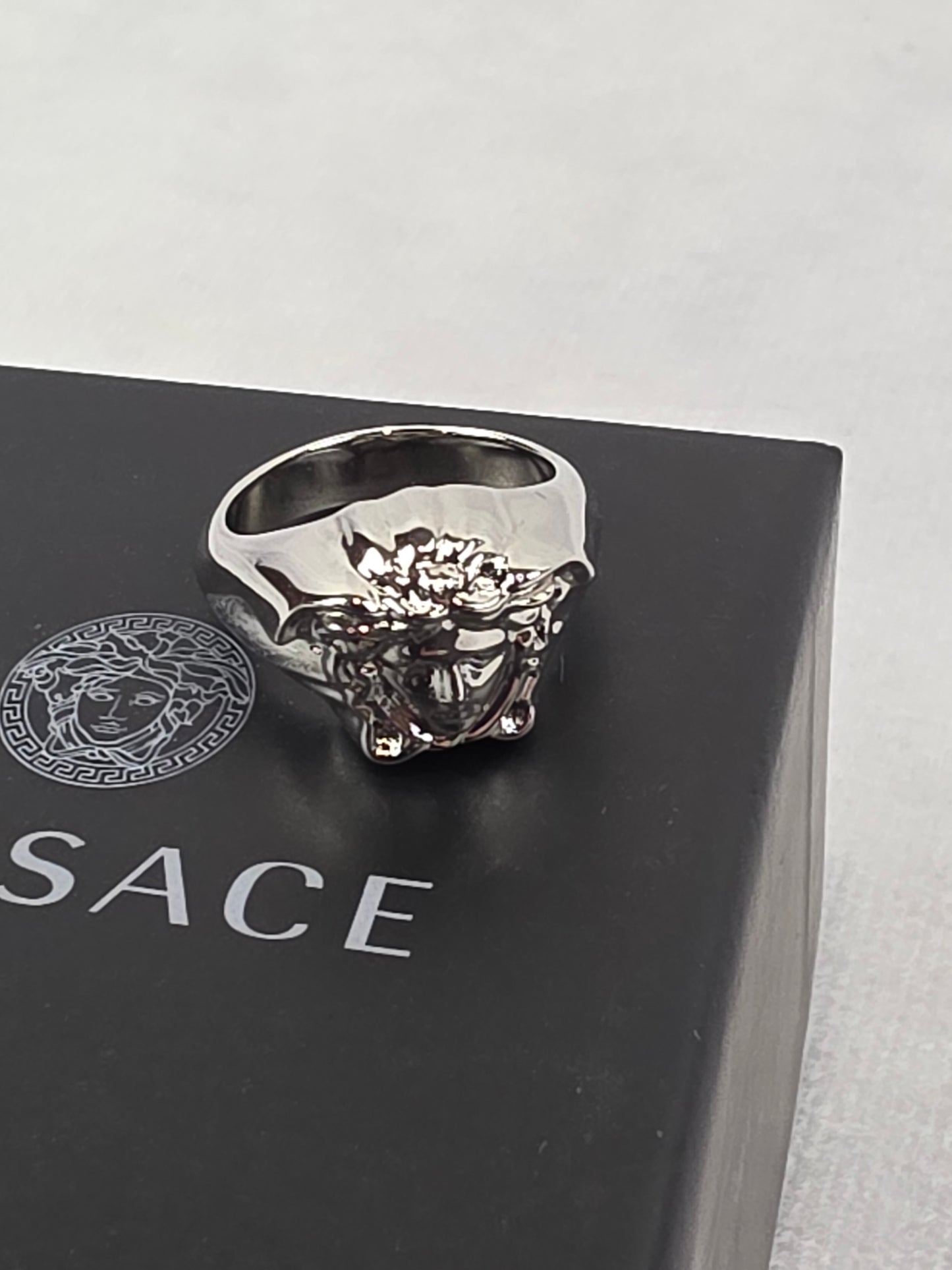 Versace Silver-Tone 3D Medusa Statement Ring, Size 5 1/2