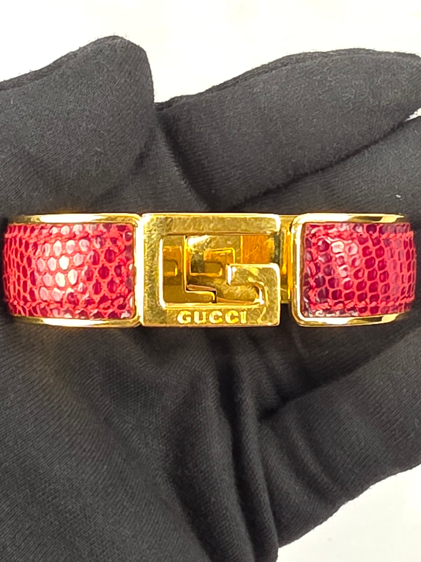Gucci Red Lizard-Embossed Leather Bangle Bracelet