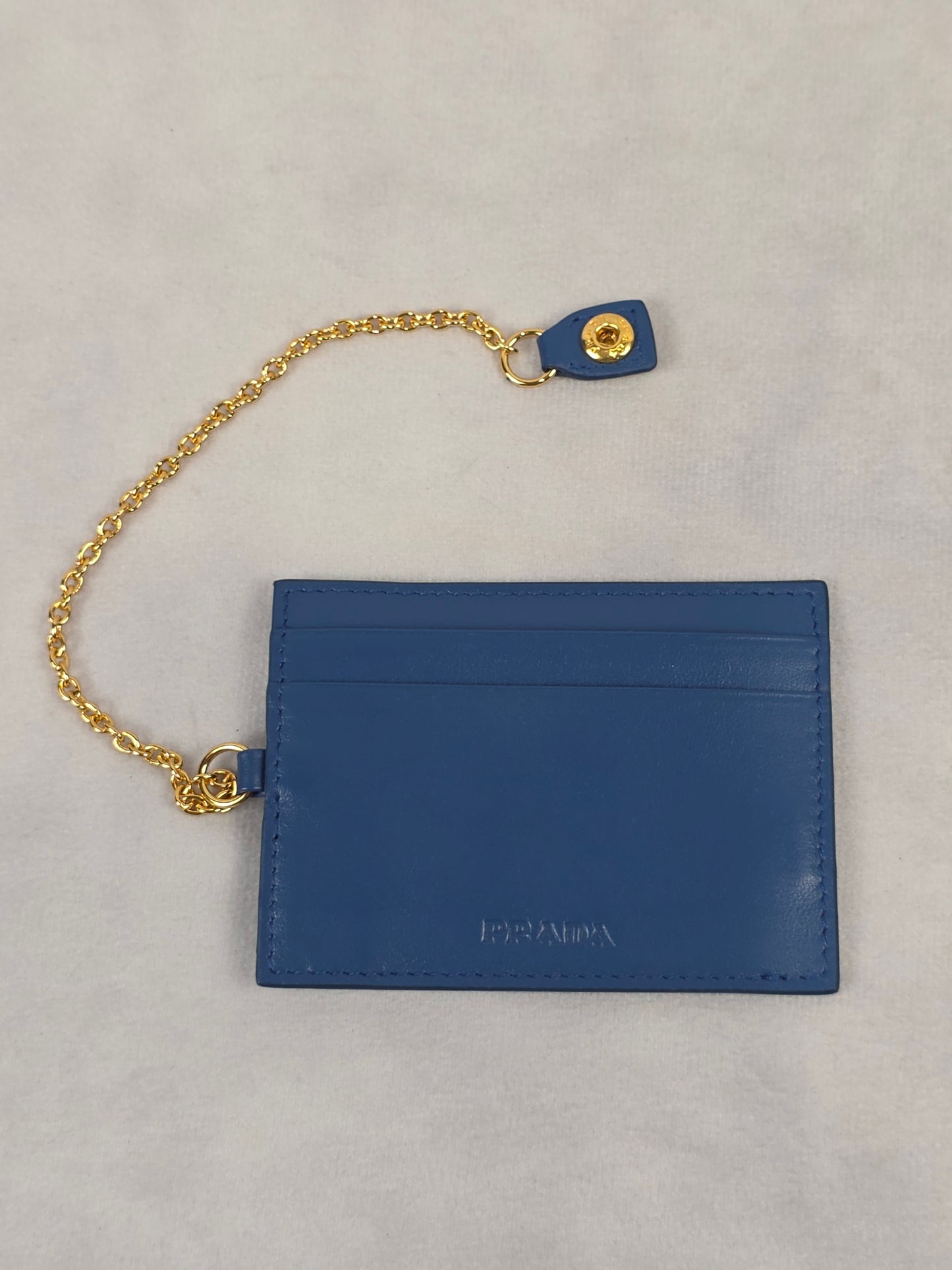 Prada Blue Saffiano Leather Card Holder w/ Gold Chain