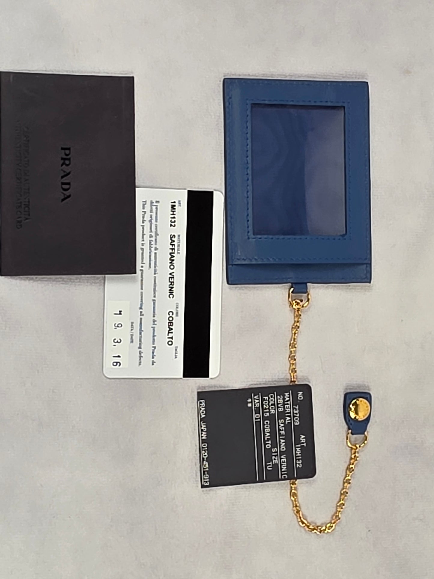 Prada Blue Saffiano Leather Card Holder w/ Gold Chain