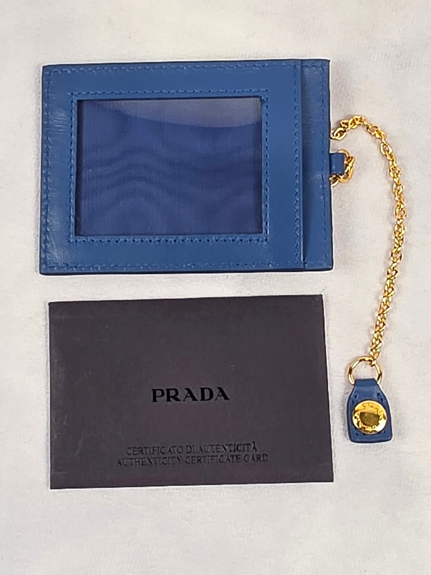 Prada Blue Saffiano Leather Card Holder w/ Gold Chain