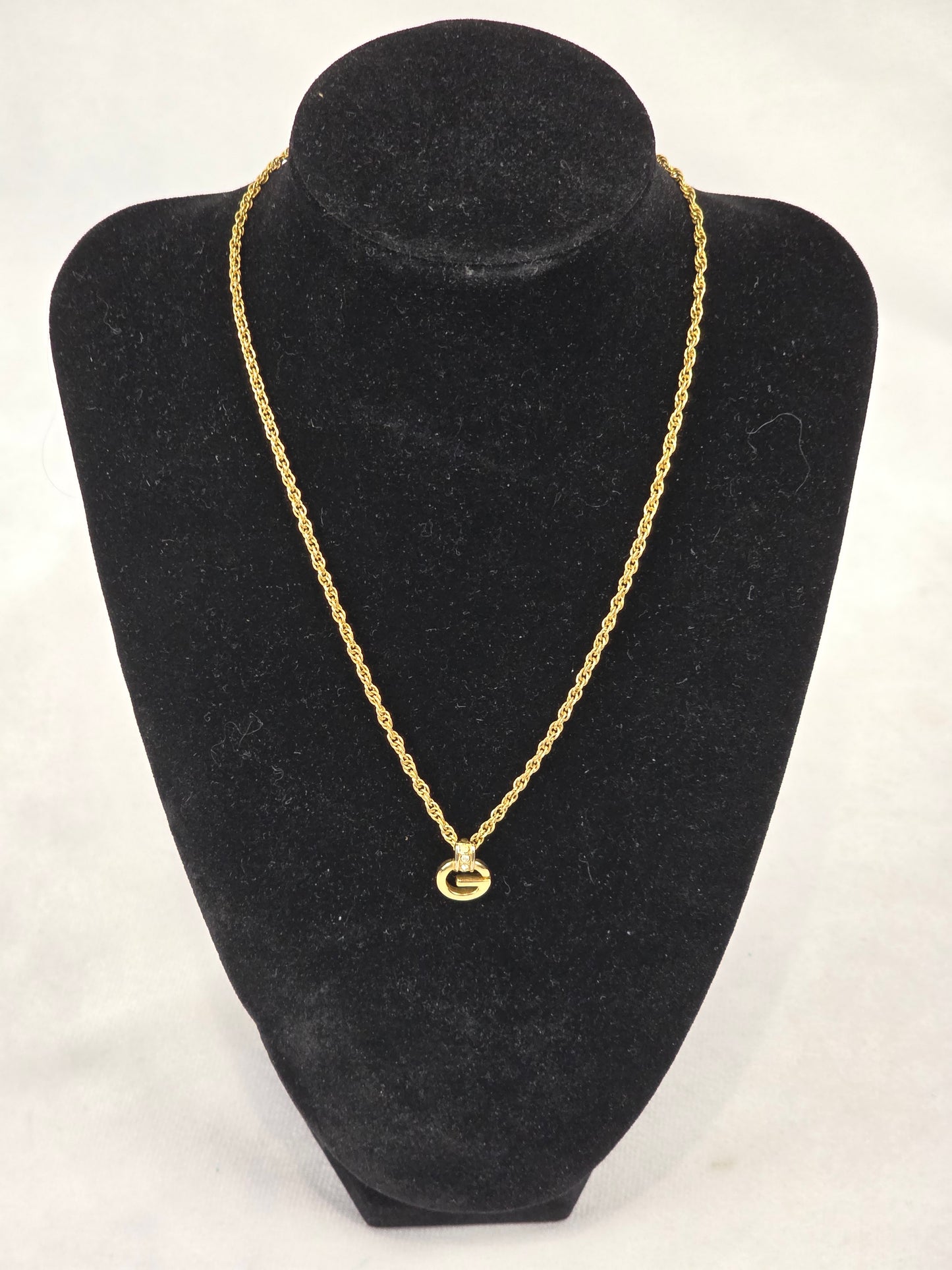 Vintage Givenchy Gold-Tone Rope Chain Necklace Rhinestone G Logo Pendant
