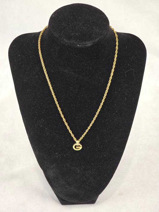 Vintage Givenchy Gold-Tone Rope Chain Necklace Rhinestone G Logo Pendant