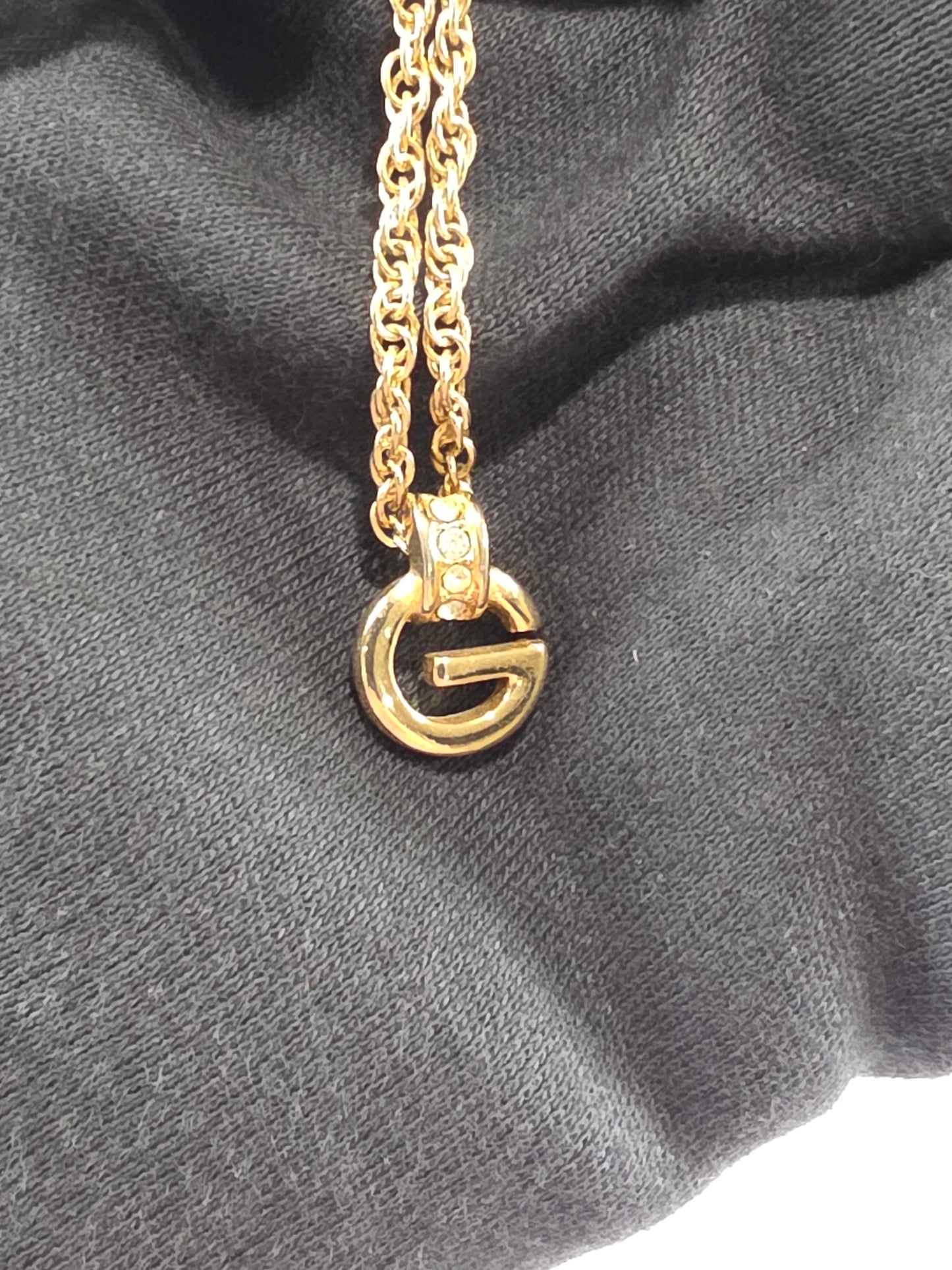 Vintage Givenchy Gold-Tone Rope Chain Necklace Rhinestone G Logo Pendant