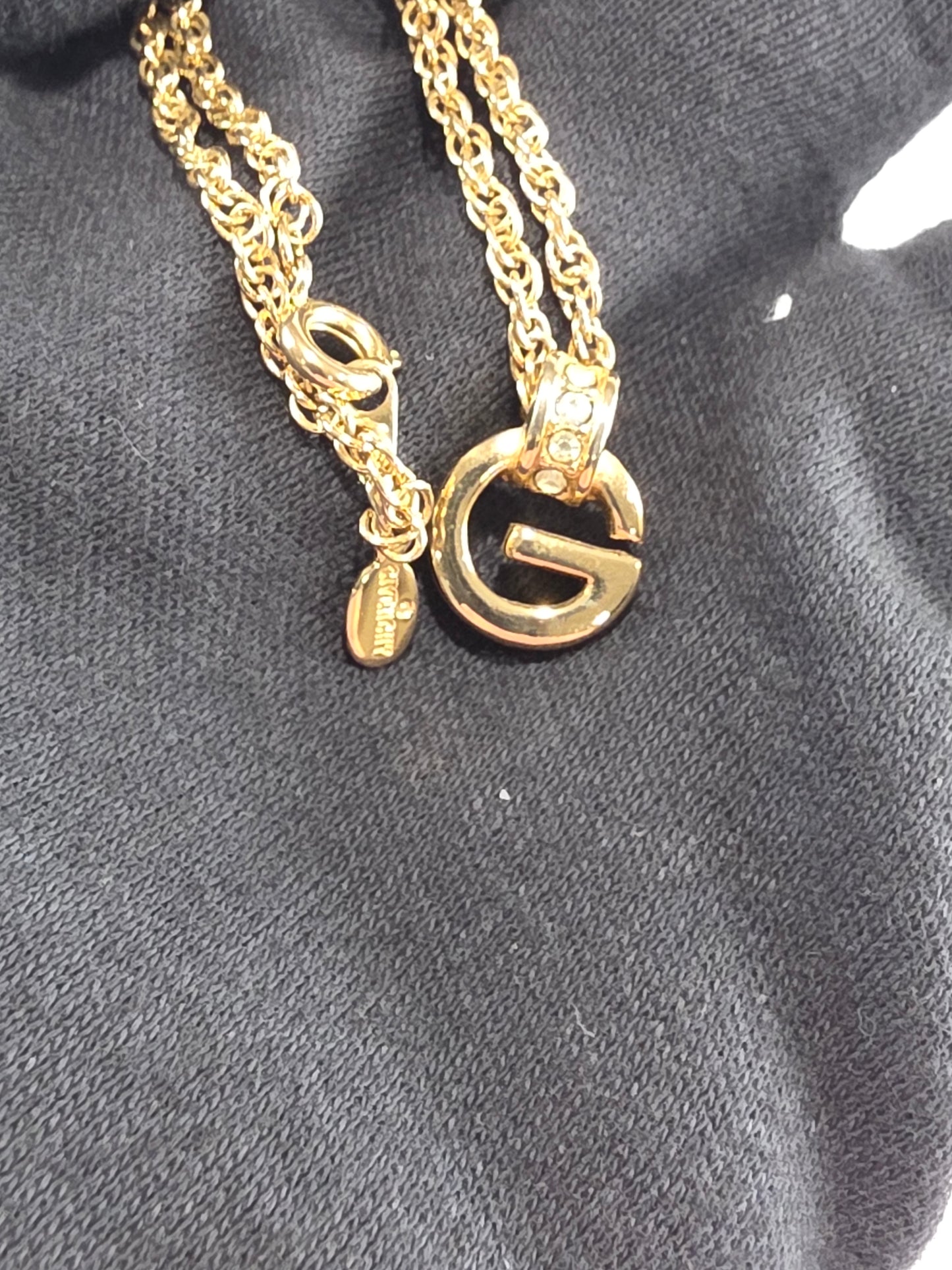 Vintage Givenchy Gold-Tone Rope Chain Necklace Rhinestone G Logo Pendant