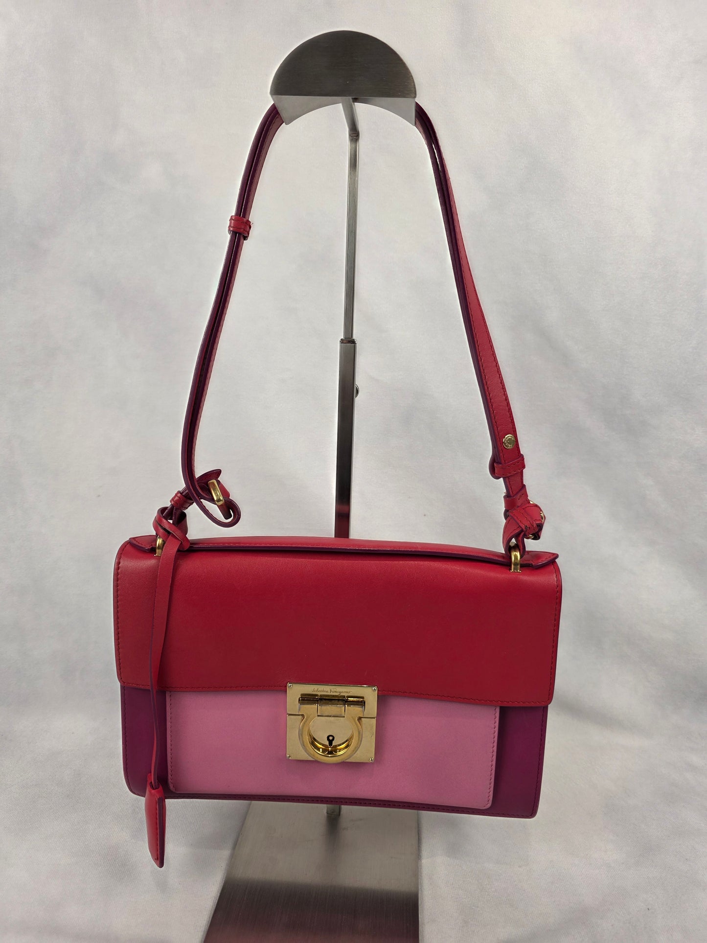 Salvatore Ferragamo Aileen Gancio Lock Shoulder Bag Tri-Color Pink Red Leather