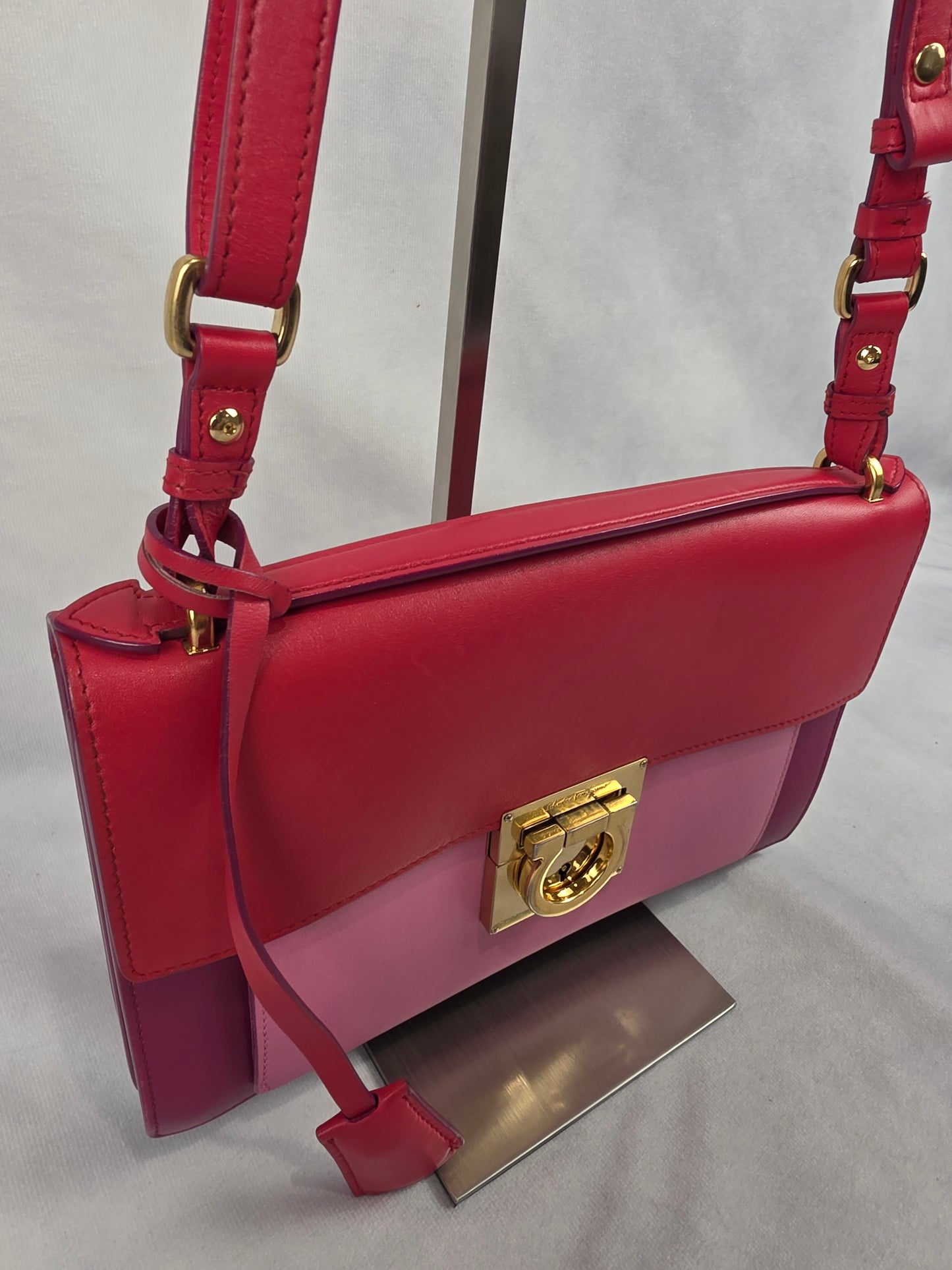 Salvatore Ferragamo Aileen Gancio Lock Shoulder Bag Tri-Color Pink Red Leather