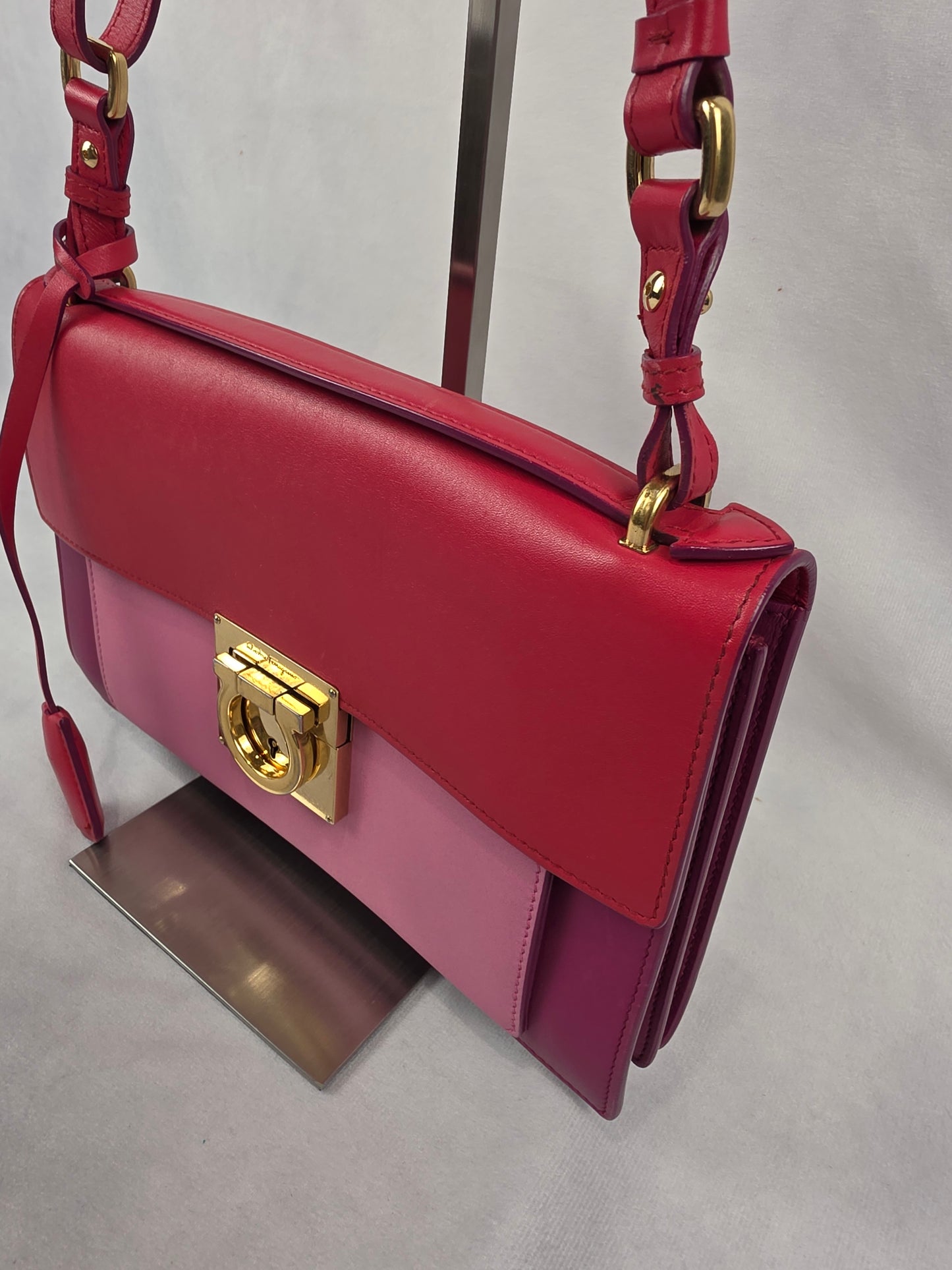 Salvatore Ferragamo Aileen Gancio Lock Shoulder Bag Tri-Color Pink Red Leather