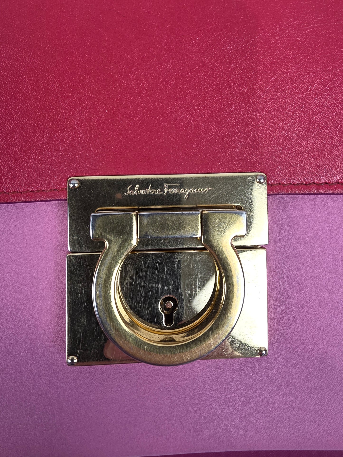 Salvatore Ferragamo Aileen Gancio Lock Shoulder Bag Tri-Color Pink Red Leather