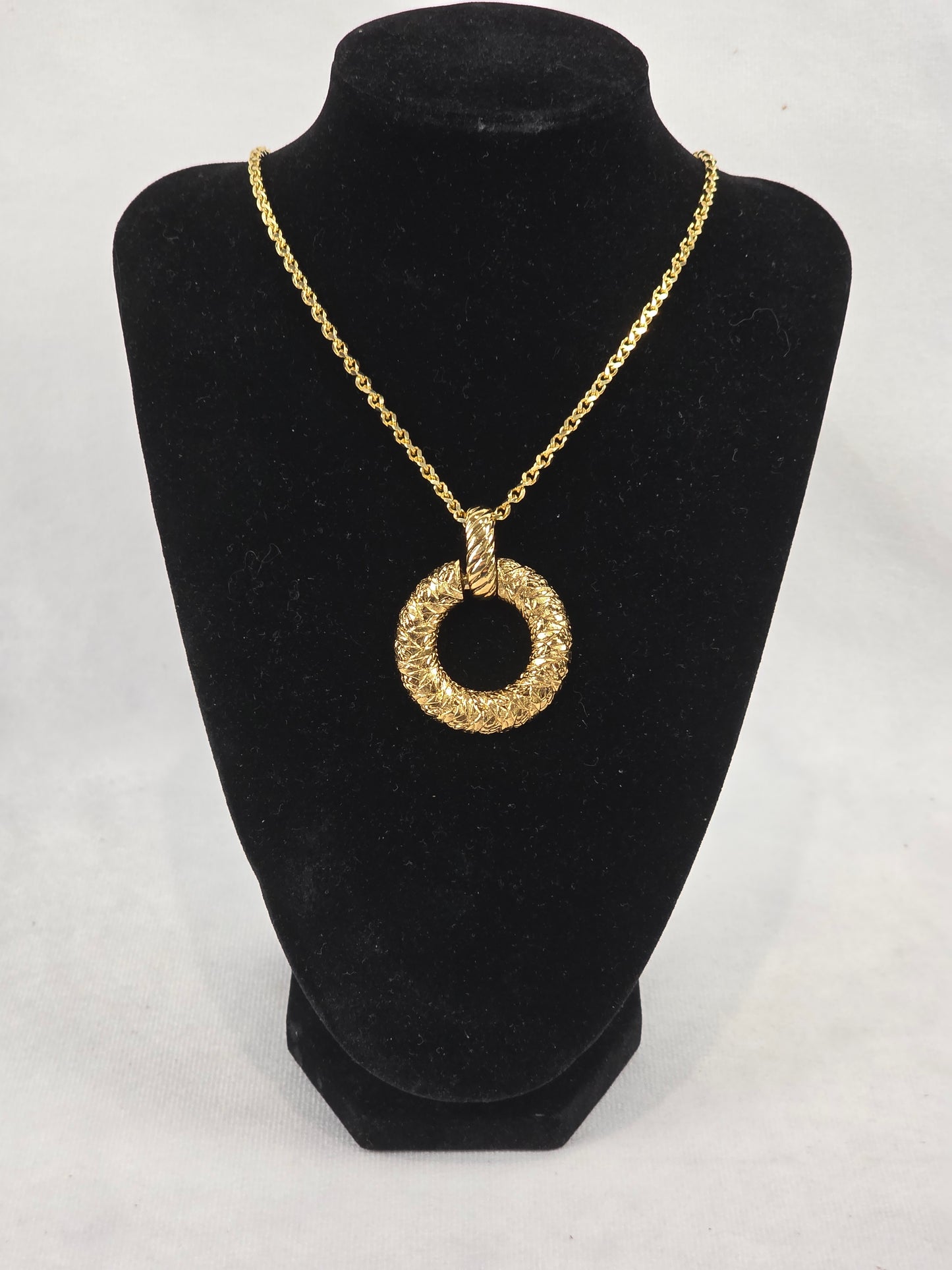 Vintage Yves Saint Laurent Gold-Tone Embossed Ring Pendant Long Necklace