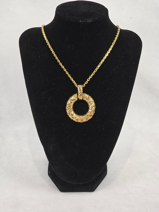 Vintage Yves Saint Laurent Gold-Tone Embossed Ring Pendant Long Necklace