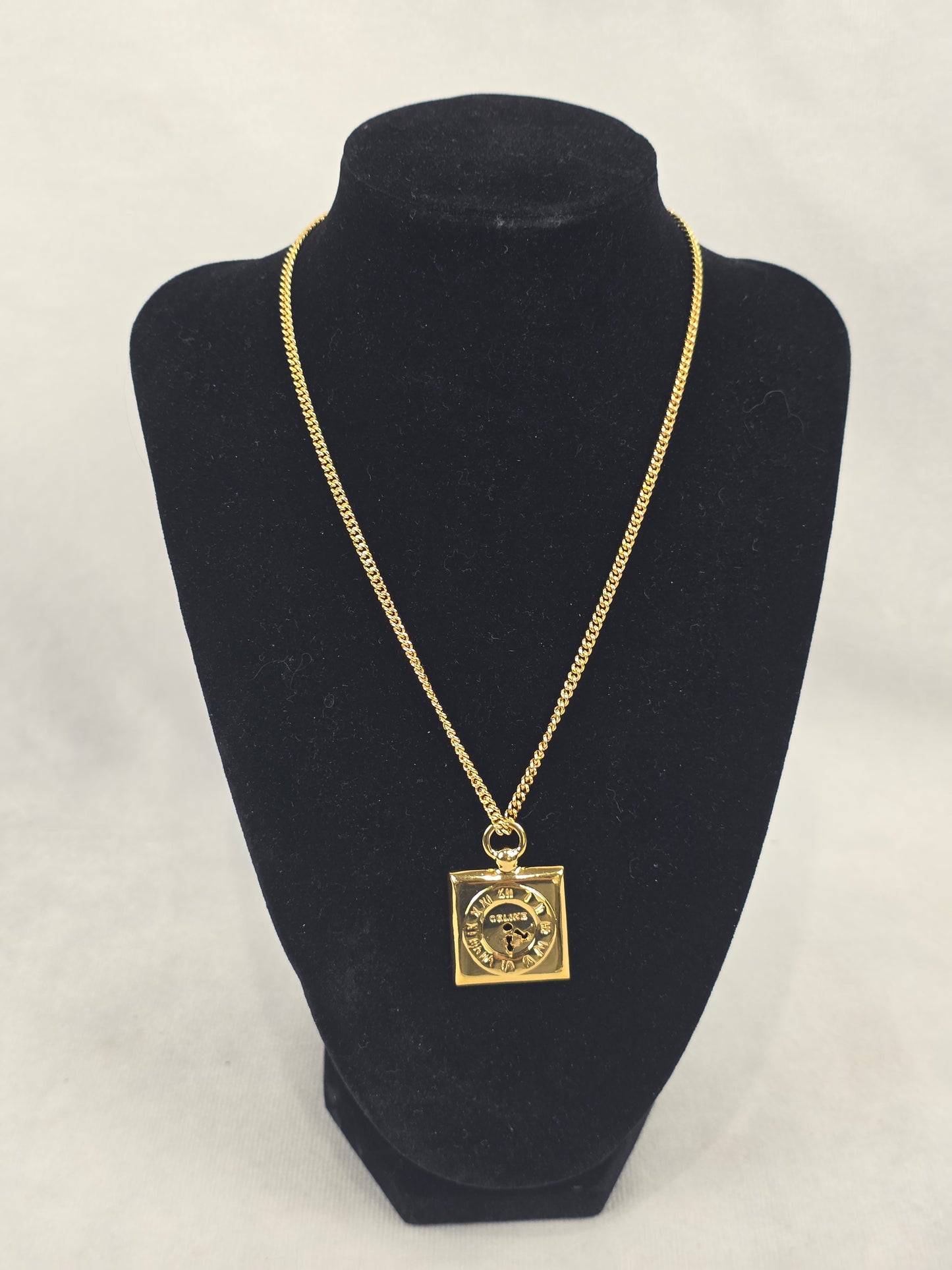 Vintage Celine Gold-Tone Square Medallion Pocket Watch Style Pendant Necklace