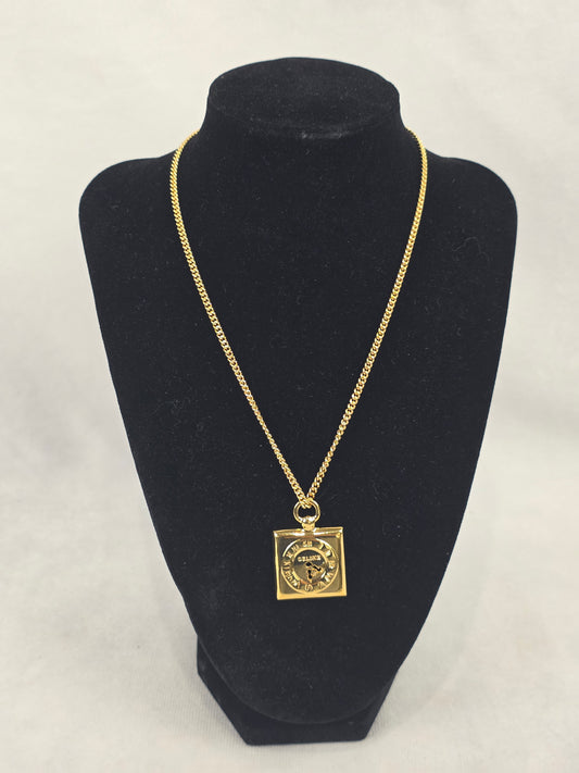 Vintage Celine Gold-Tone Square Medallion Pocket Watch Style Pendant Necklace