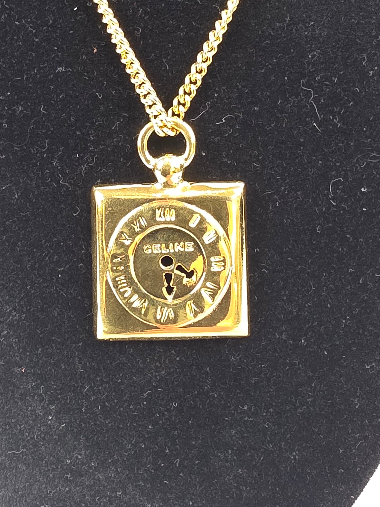 Vintage Celine Gold-Tone Square Medallion Pocket Watch Style Pendant Necklace