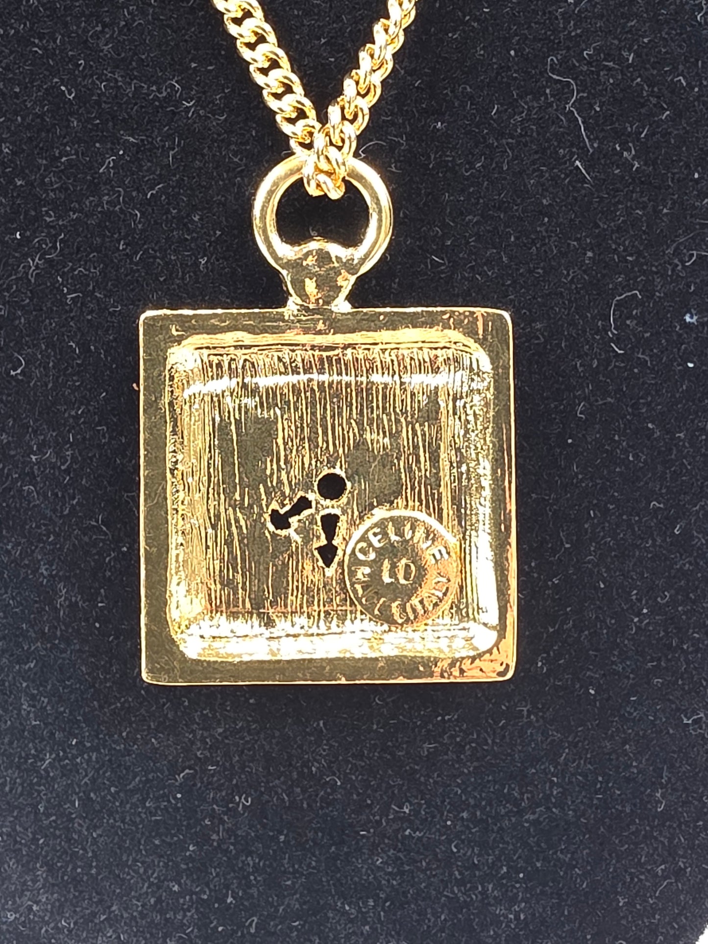 Vintage Celine Gold-Tone Square Medallion Pocket Watch Style Pendant Necklace