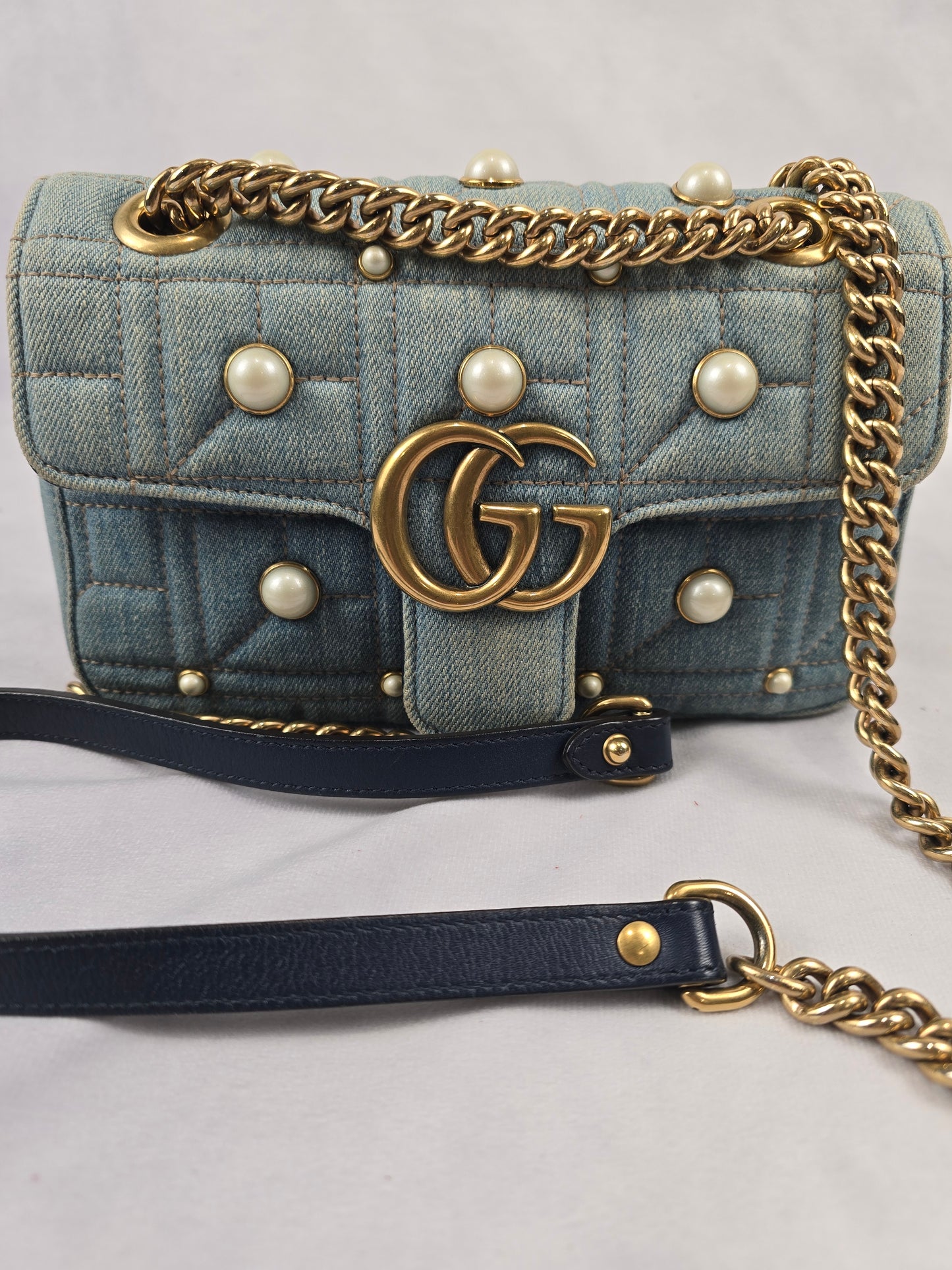 Gucci GG Marmont Quilted Denim with Pearls Chain Shoulder Bag