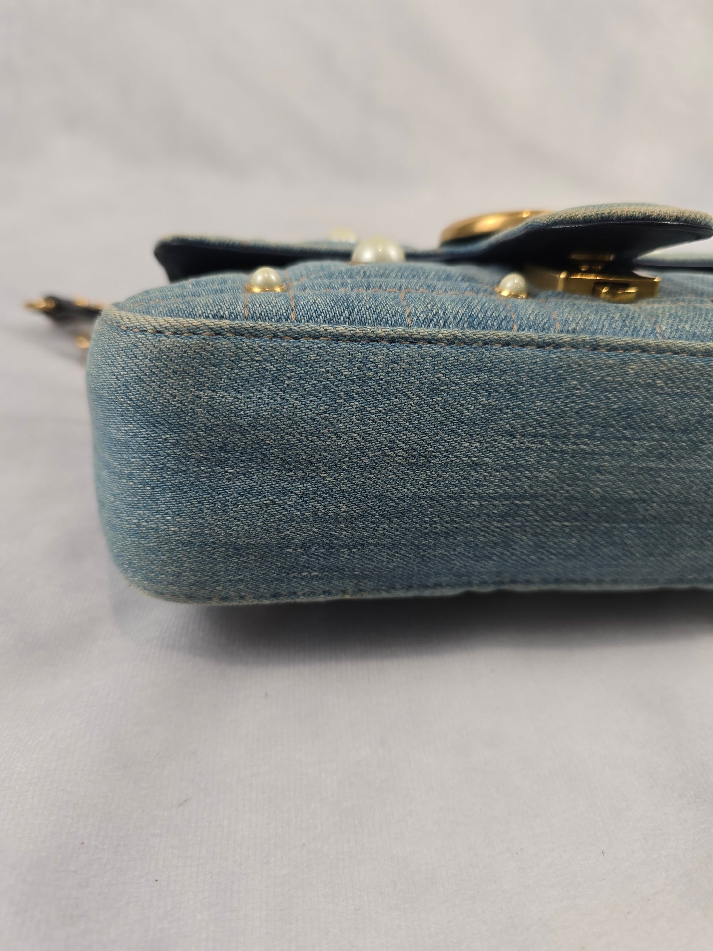 Gucci GG Marmont Quilted Denim with Pearls Chain Shoulder Bag