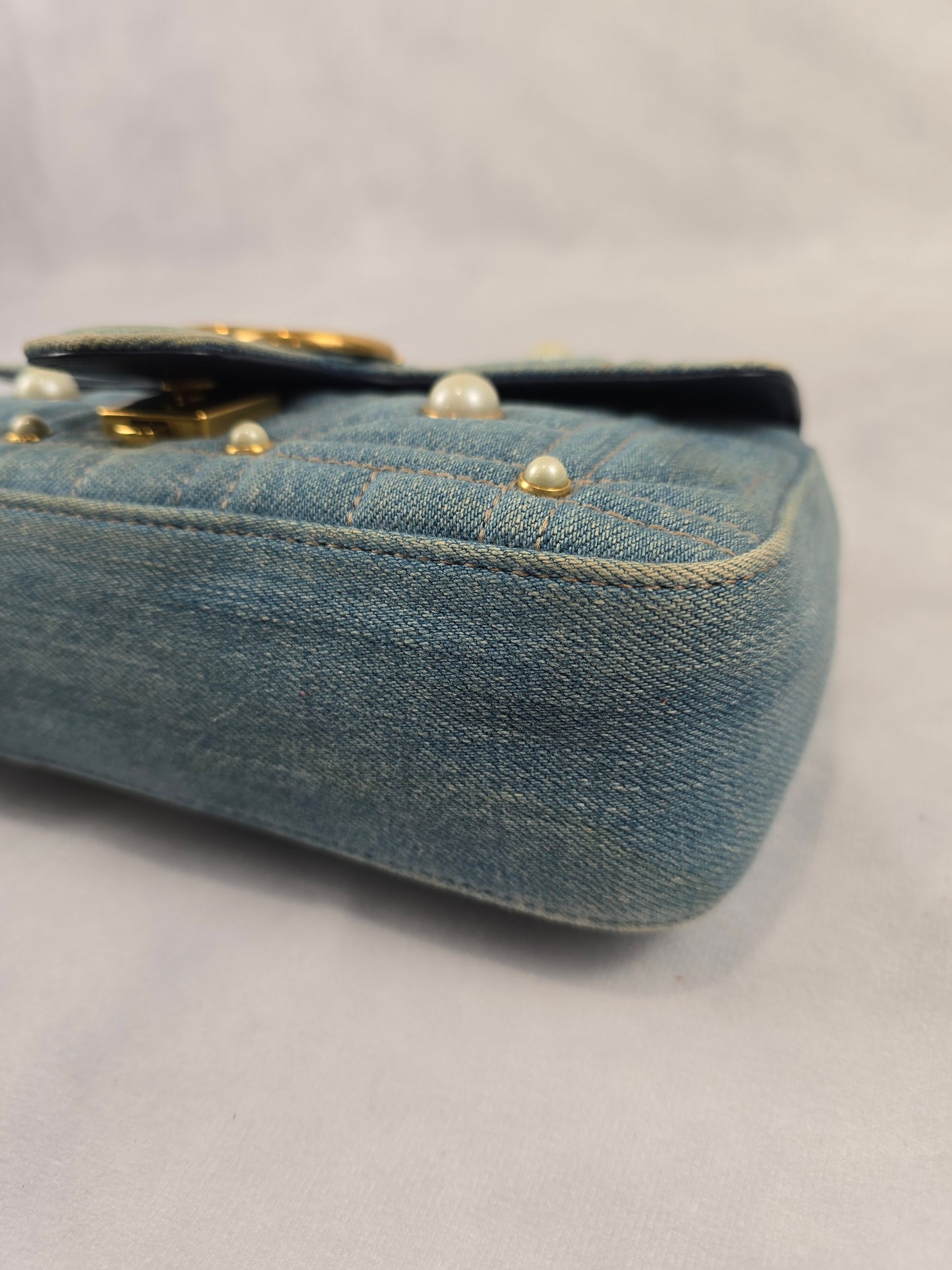 Gucci GG Marmont Quilted Denim with Pearls Chain Shoulder Bag