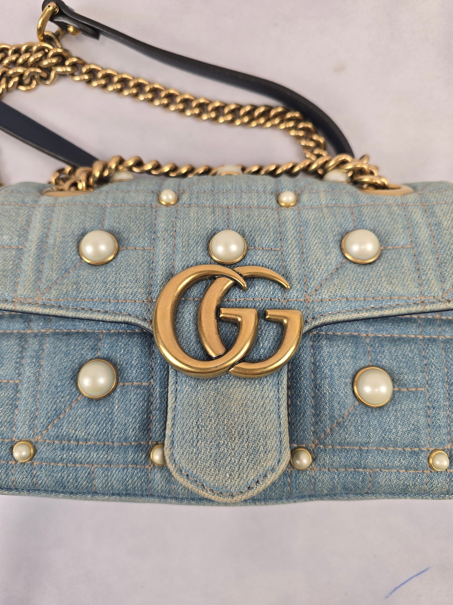 Gucci GG Marmont Quilted Denim with Pearls Chain Shoulder Bag